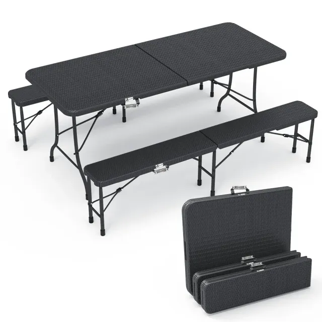 VOUNOT Set Tavolo + 2 Panche Pieghevoli 180 cm Nero HDPE
