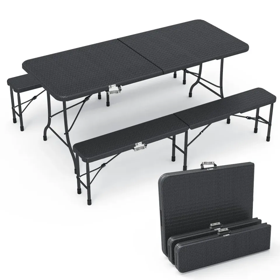 VOUNOT Set Tavolo + 2 Panche Pieghevoli 180 cm Nero HDPE