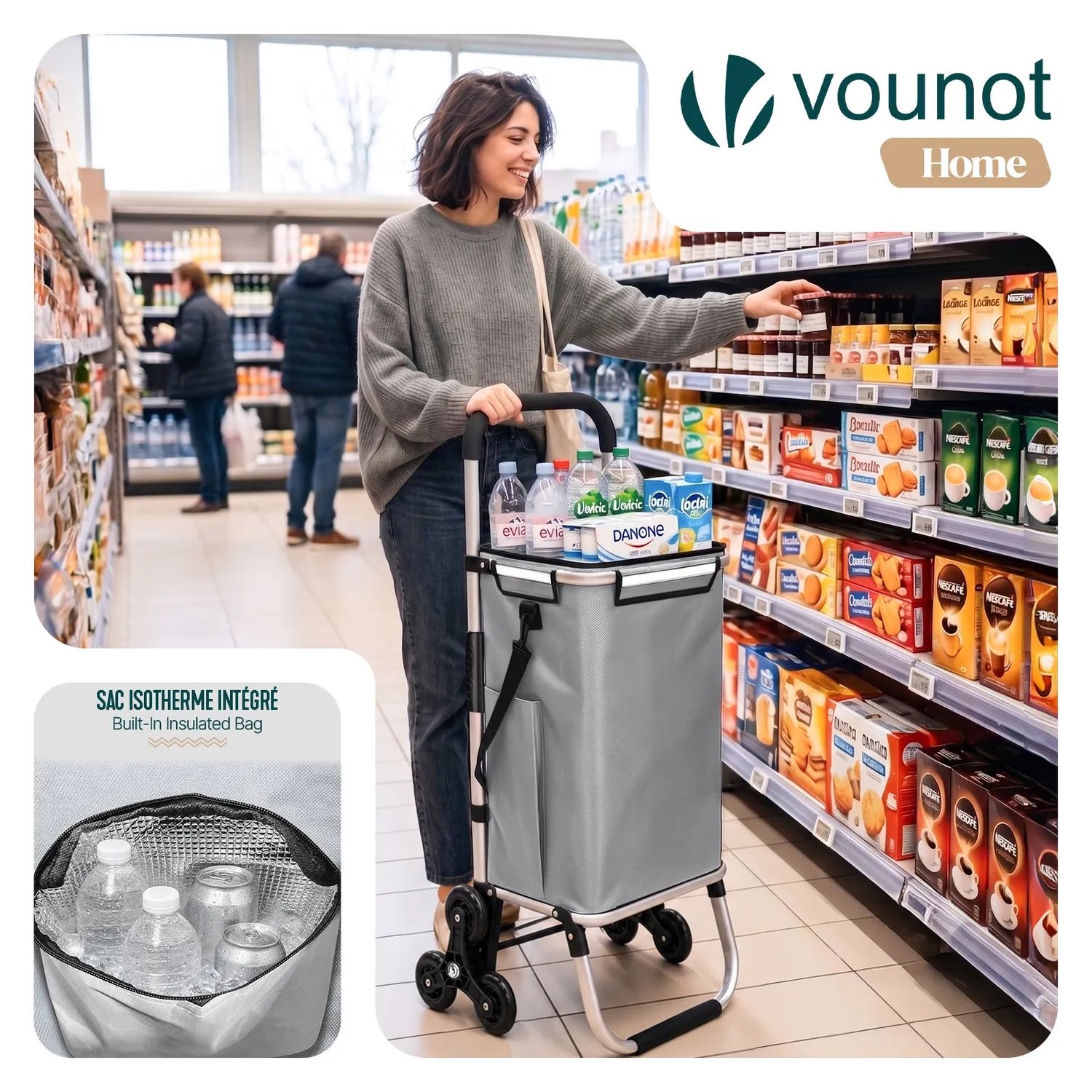 Vounot carrello spesa saliscale isotermico 58L grigio