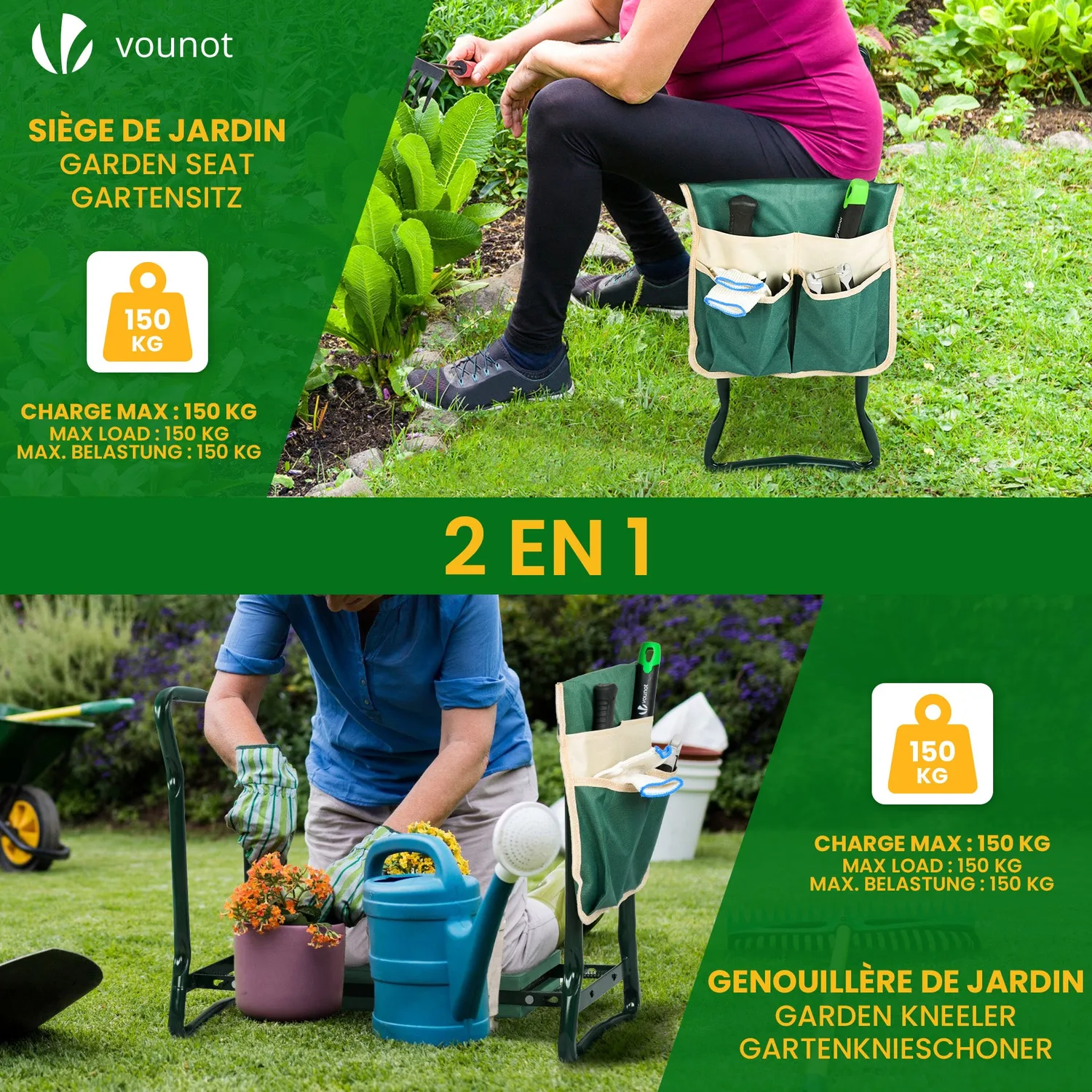 VOUNOT Sgabello ginocchiatoio giardino 2 in 1 verde pieghevole