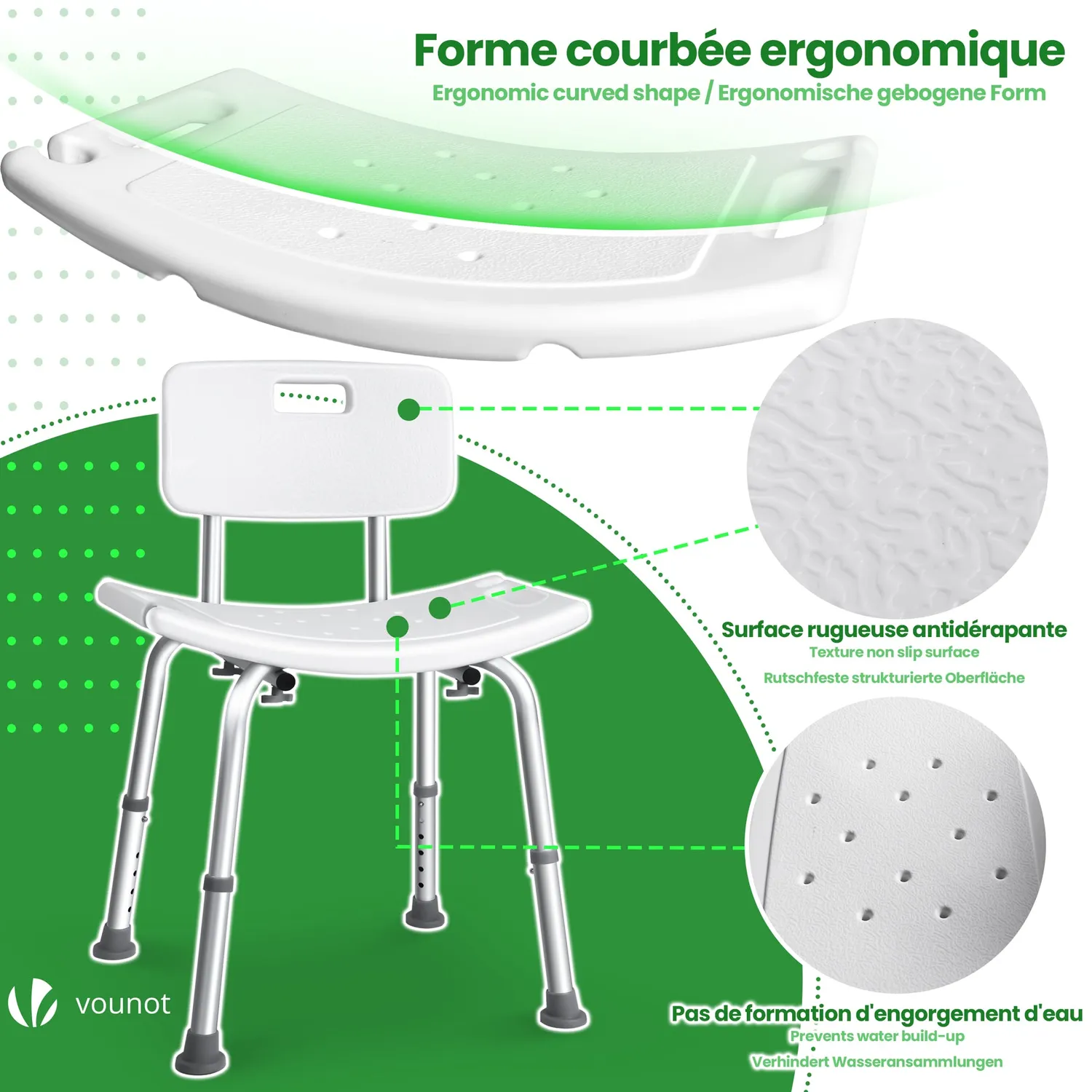 Vounot sedia doccia alluminio bianca regolabile HDPE