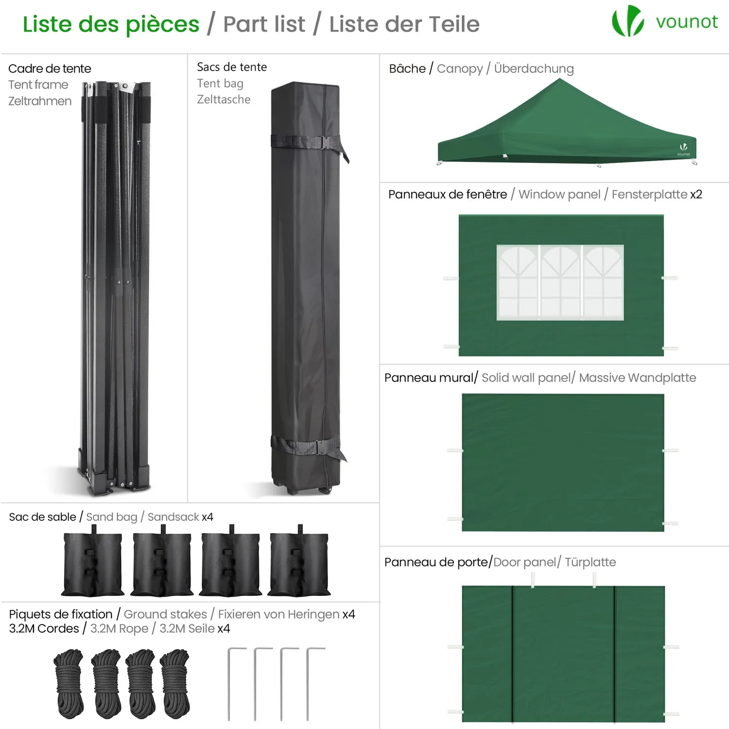 Vounot gazebo pieghevole 3x3m verde con 4 pareti rinforzato