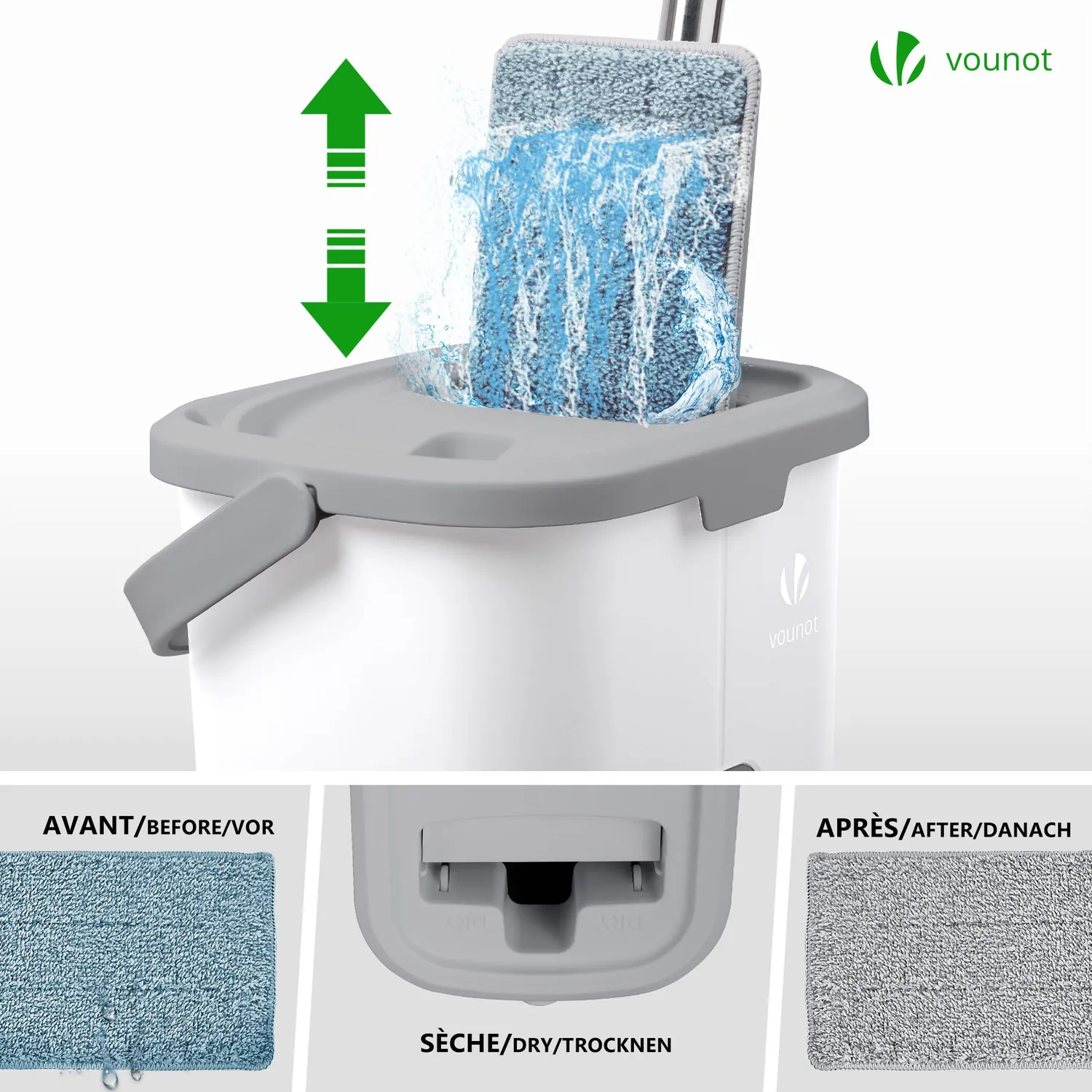 VOUNOT Mocio Piatto con Secchio Strizzatore Bianco 6 Panni