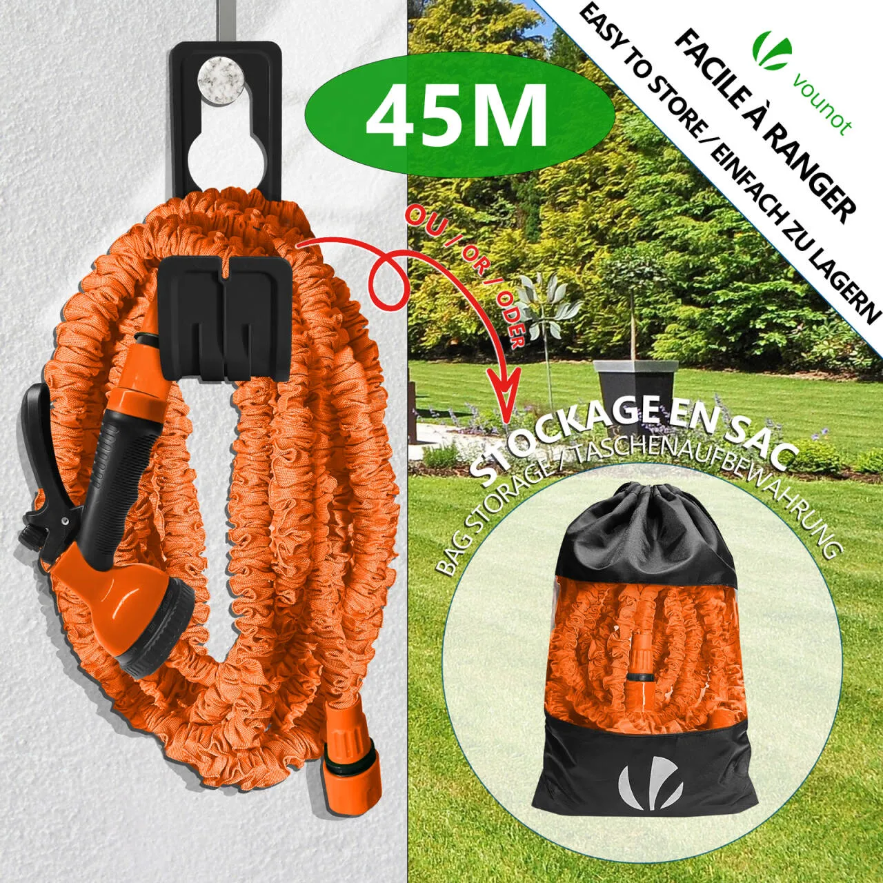 Vounot Tubo Irrigazione Estensibile 45 m Arancione 10 Getti
