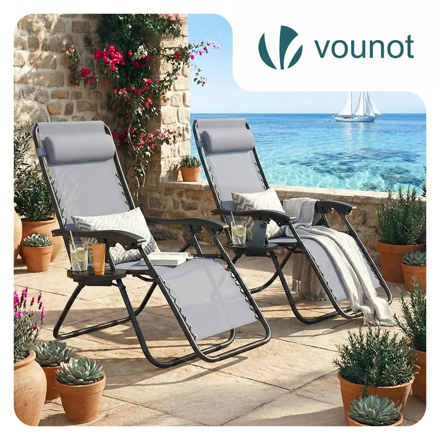 Vounot Sdraio Giardino Reclinabile Grigia Textilene 2 pz