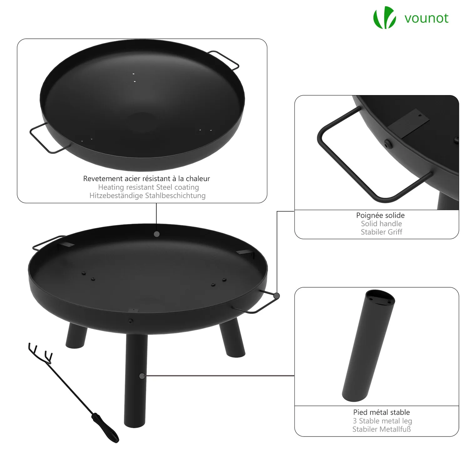 Vounot Braciere da Esterno Metallo Ø60 cm Griglia Nero 600°C