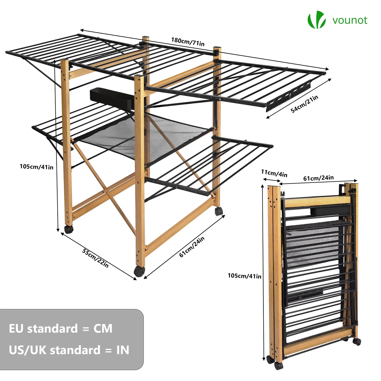 VOUNOT stendibiancheria deluxe nero effetto legno 30m 25kg