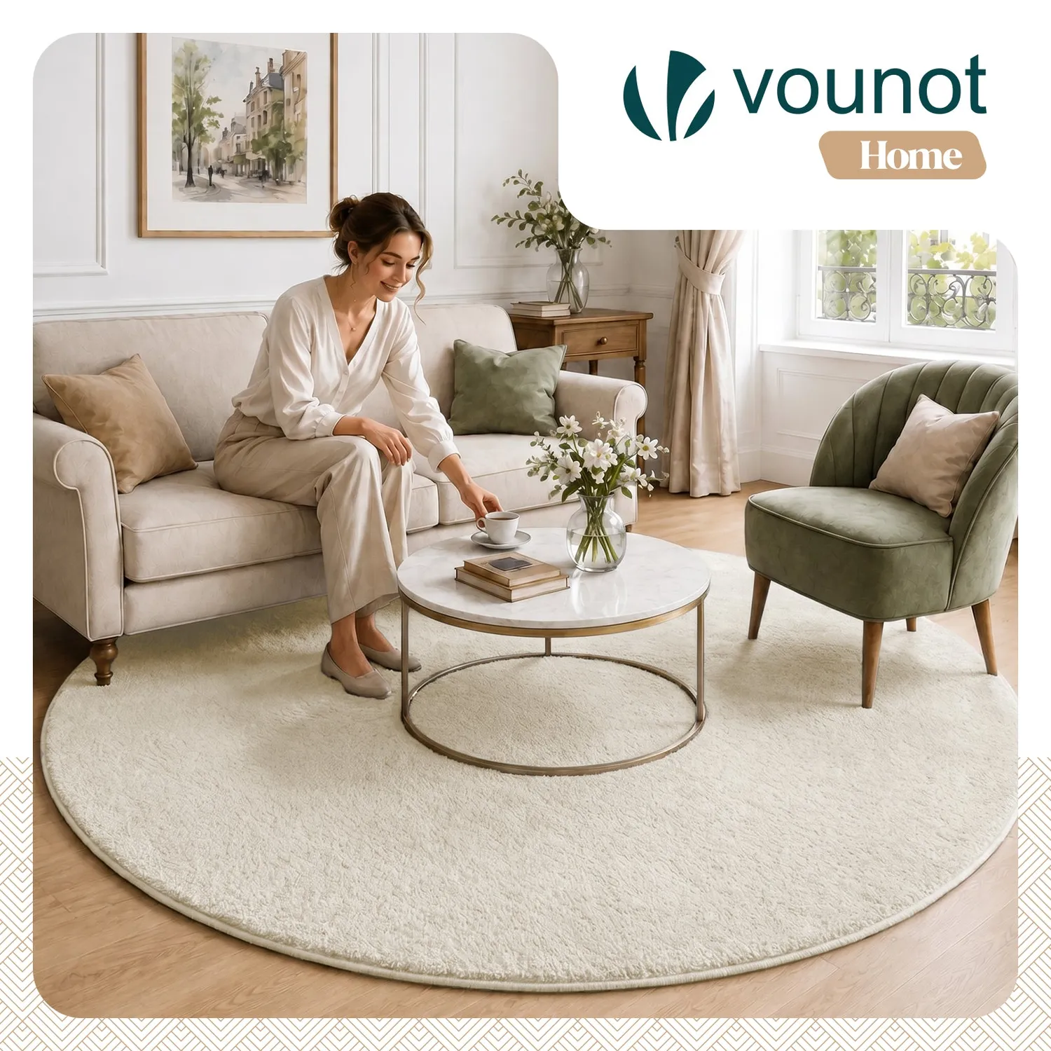 Vounot diametro 200 cm tappeto rotondo pelo raso beige
