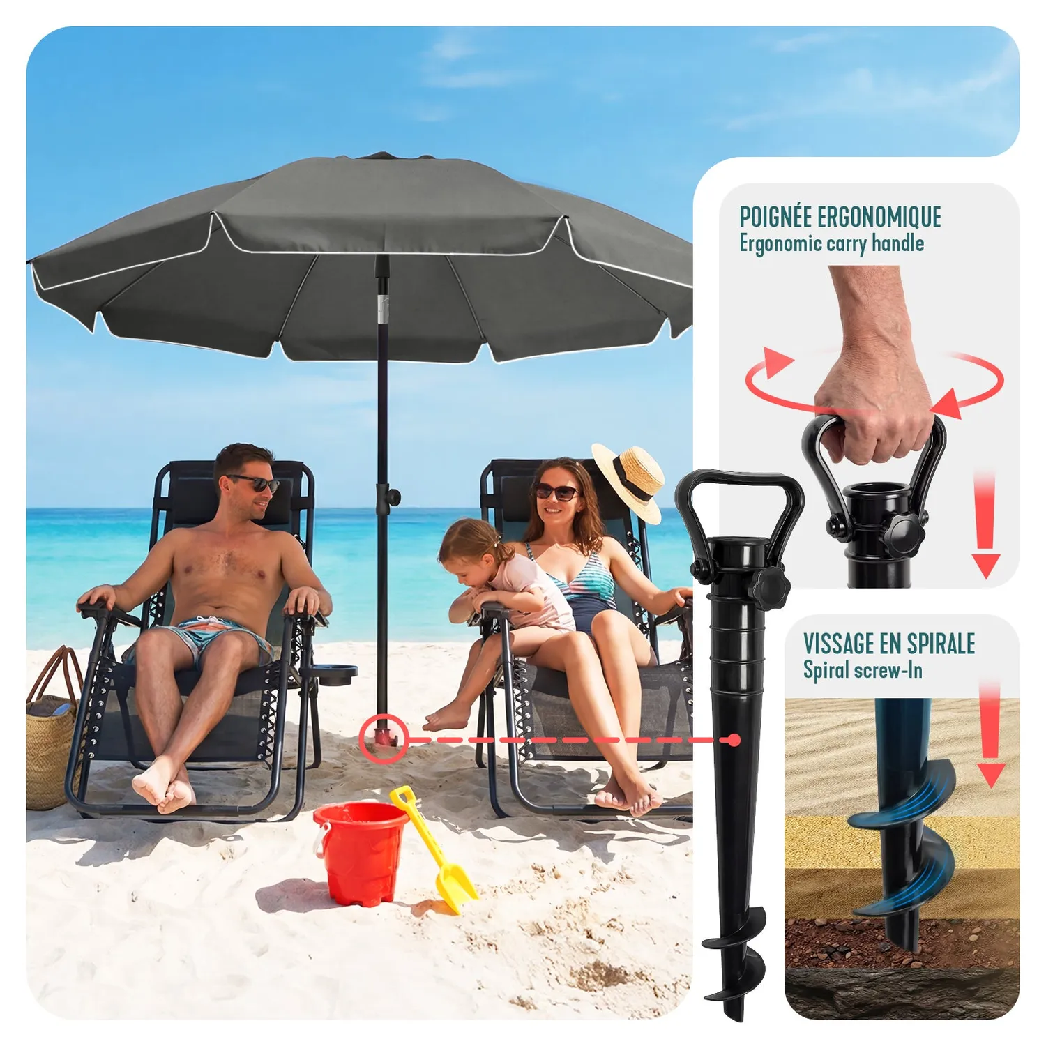 VOUNOT Ombrellone 2x2 m Grigio UV50+ con Picchetto
