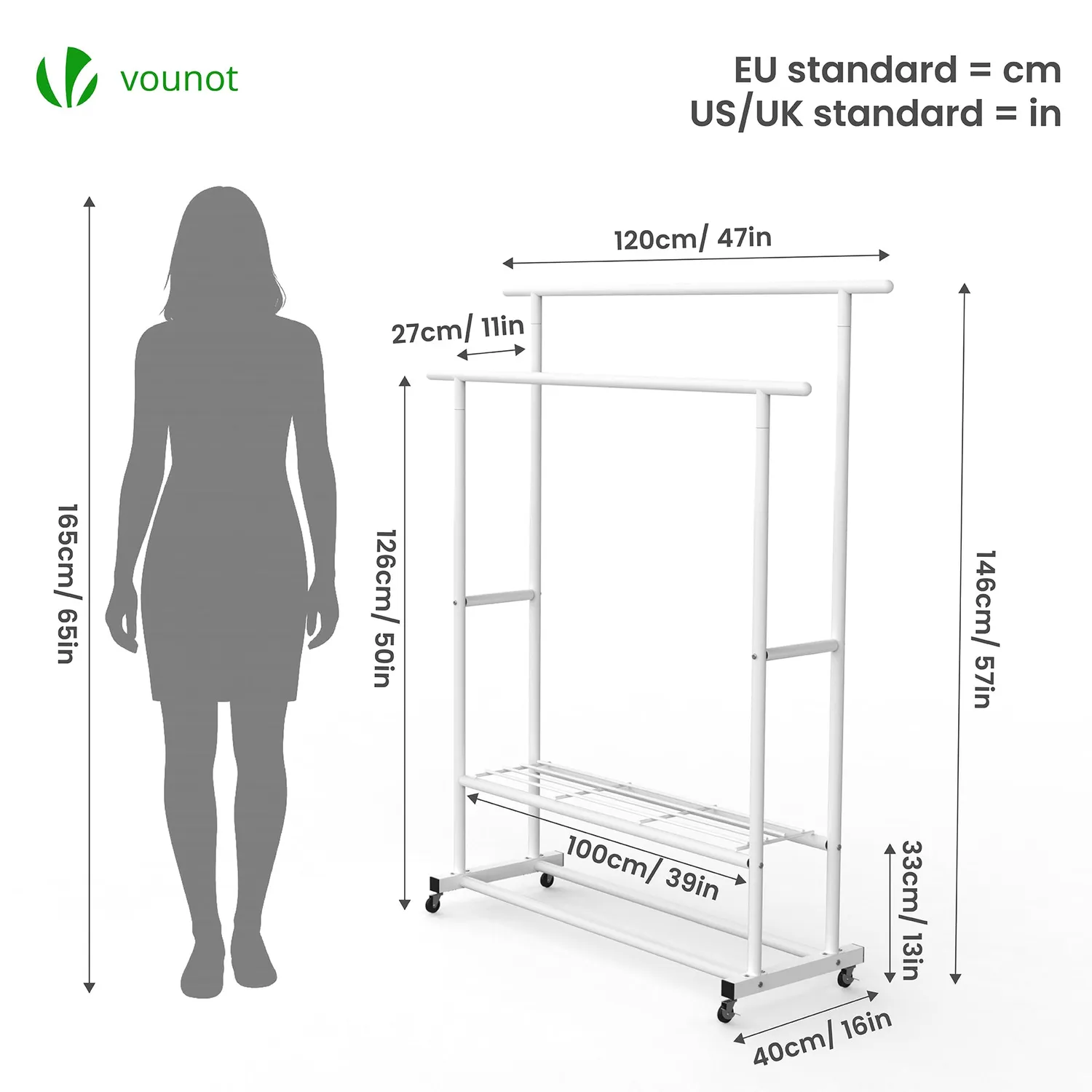 VOUNOT stender appendiabiti doppio 120x40x146 bianco ruote