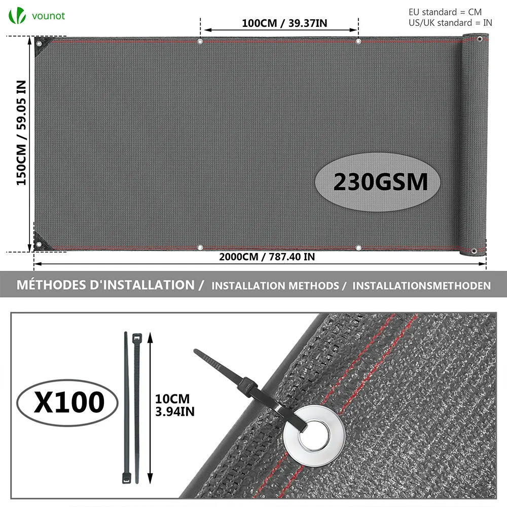 VOUNOT Telo Frangivista HDPE Grigio 1,5x20m Occultante 95%