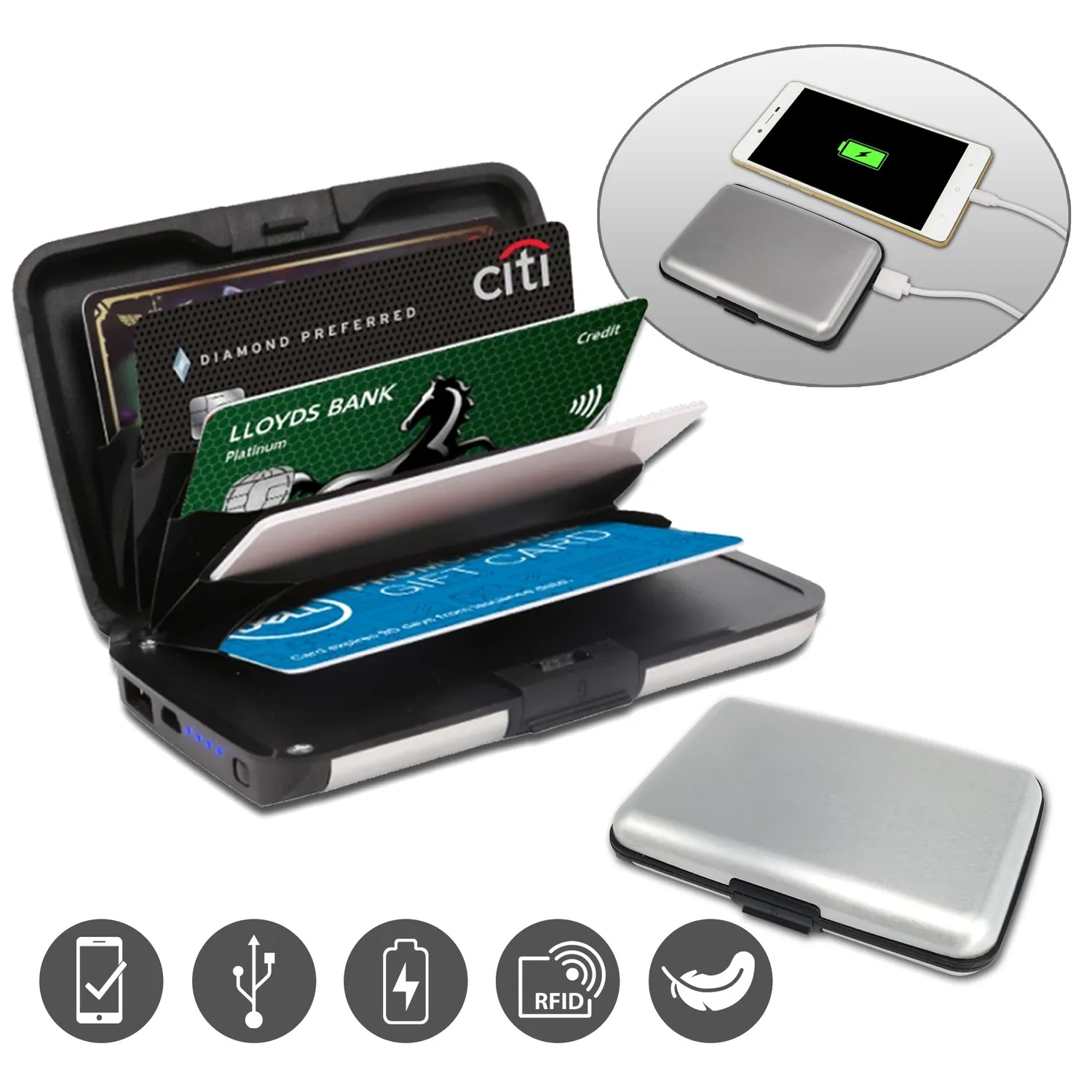 Vounot portafoglio alluminio RFID argento con power bank