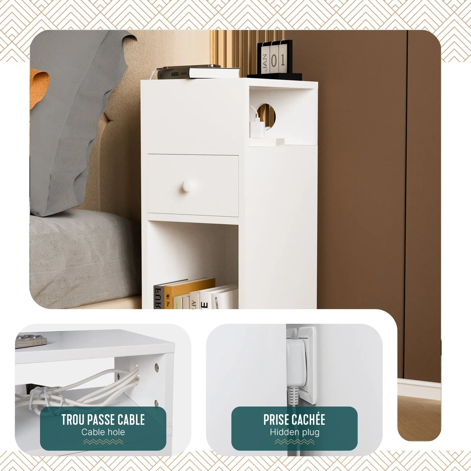 Vounot set 2 comodini bianchi 25x30x66 cm con cassetto