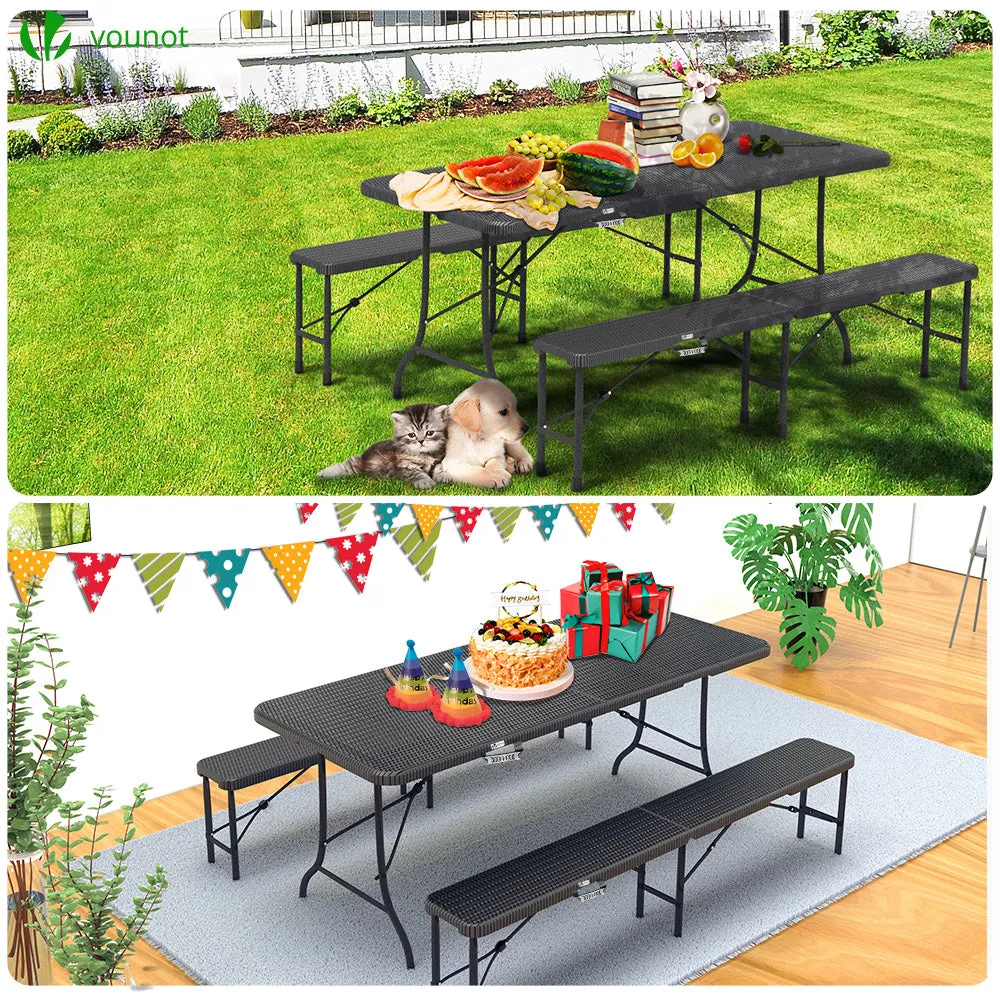VOUNOT Set Tavolo + 2 Panche Pieghevoli 180 cm Nero HDPE