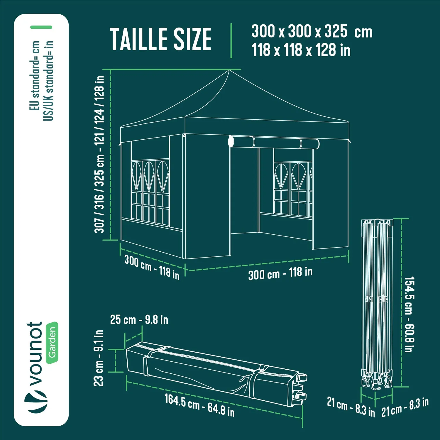 Vounot gazebo pieghevole 3x3m verde con 4 pareti finestre