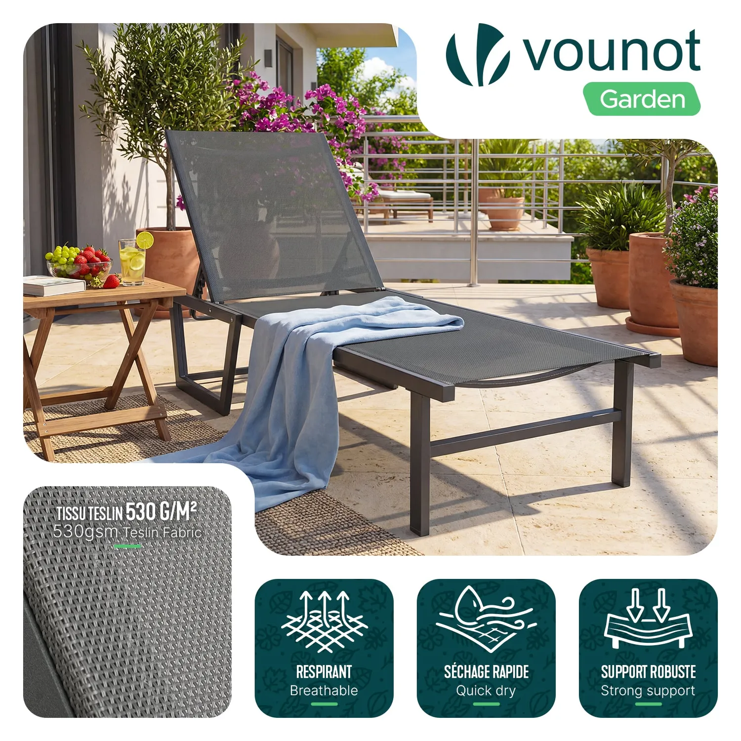 VOUNOT lettino prendisole textilene grigio 190x62x31 cm 2 pezzi