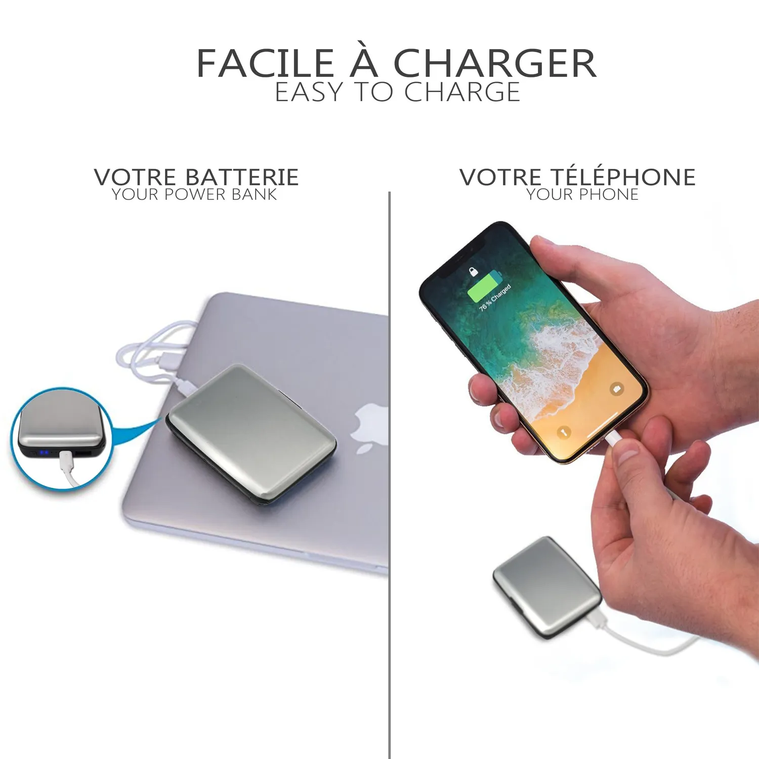 Vounot portafoglio alluminio RFID argento con power bank