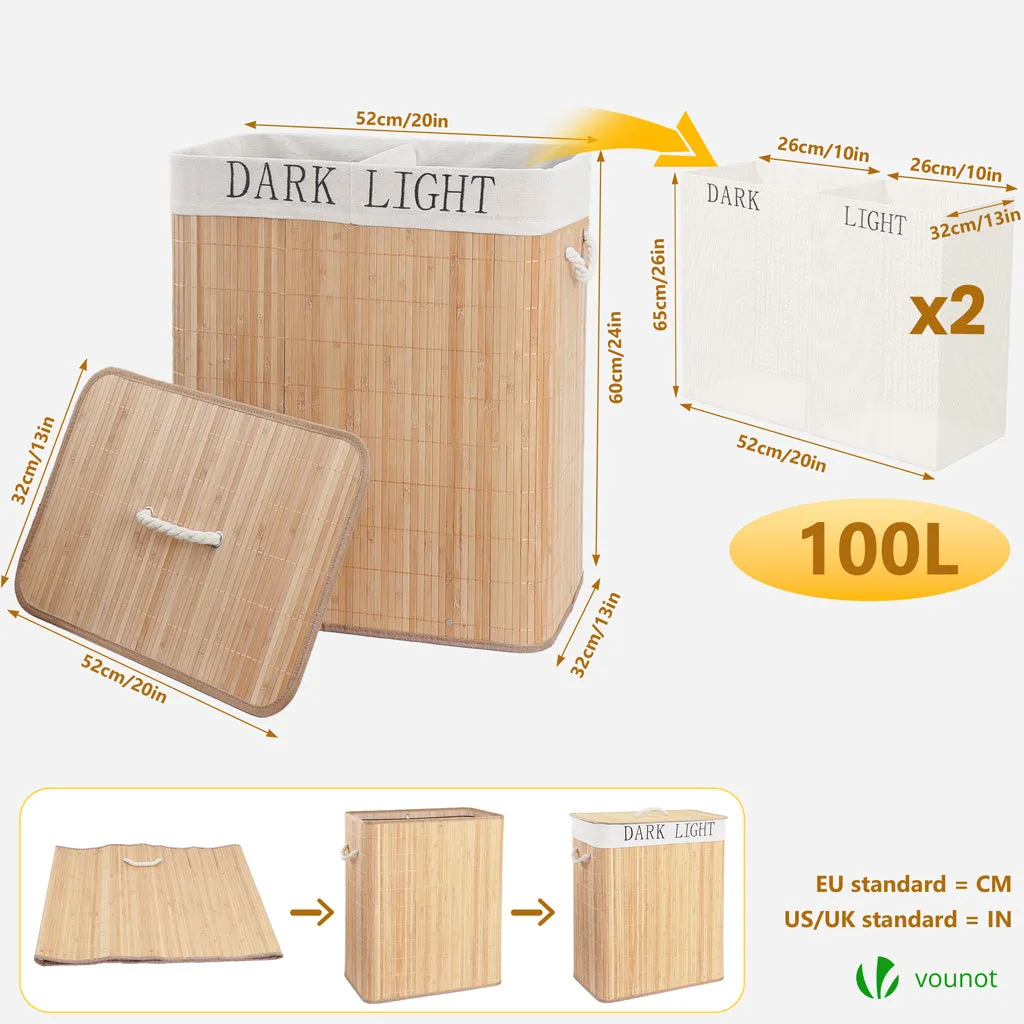 Vounot cesto portabiancheria bambù 100 L doppio naturale