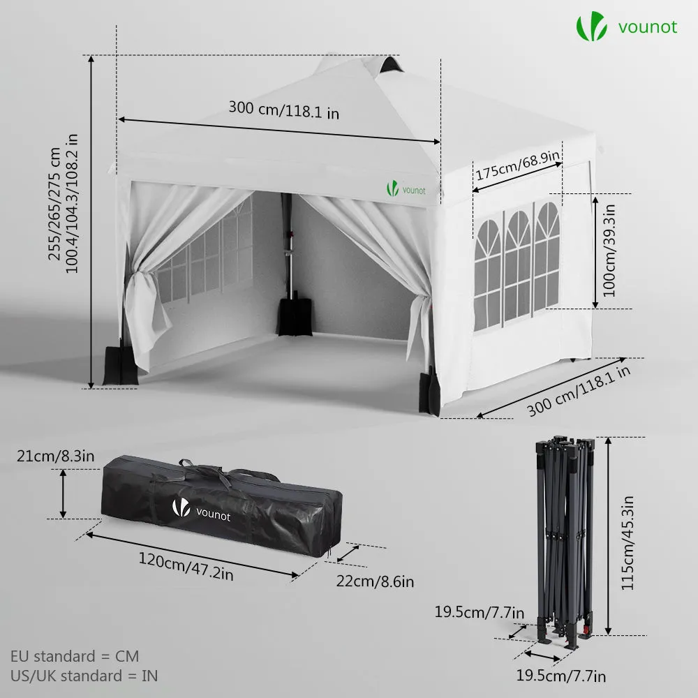 VOUNOT Gazebo pieghevole 3x3 m bianco con 4 pareti anti-UV