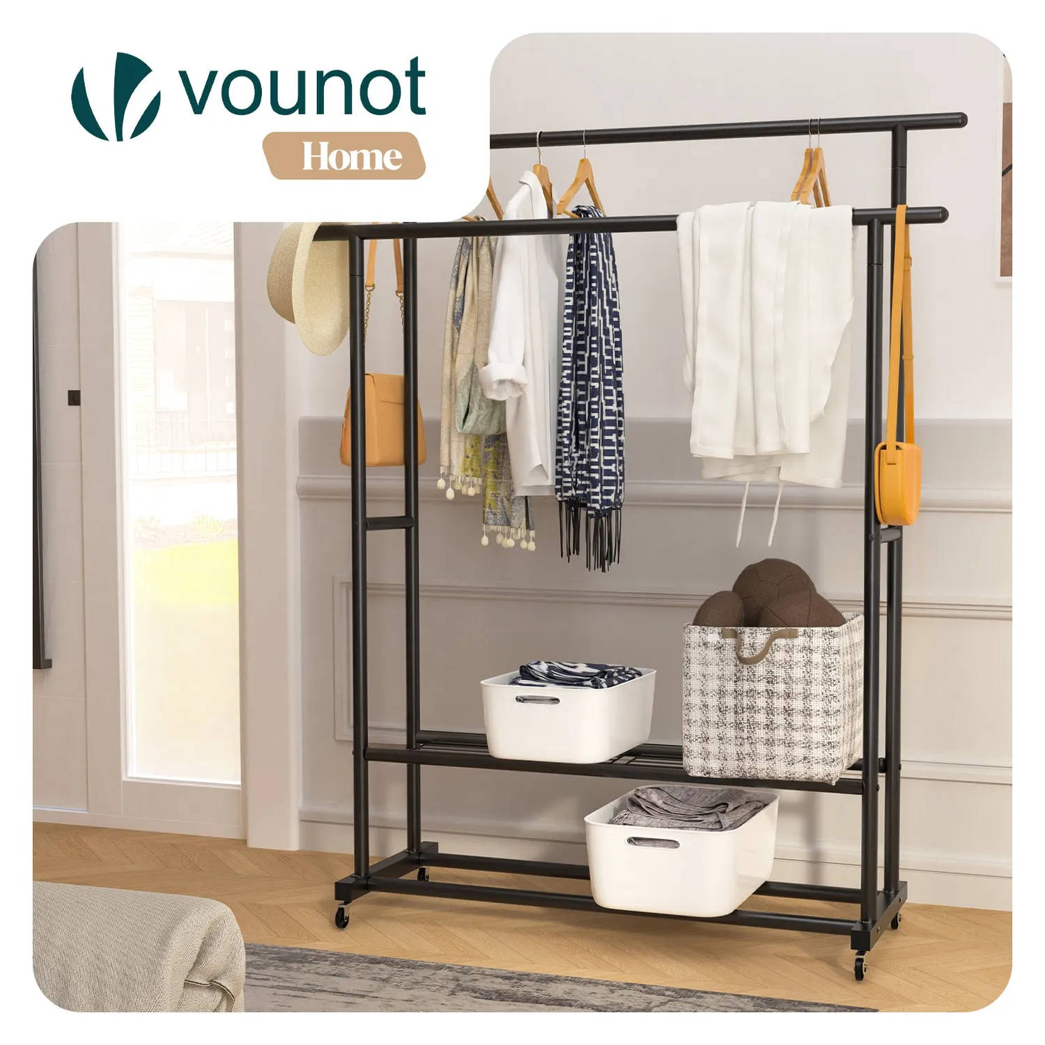 Vounot Stender Doppio con Rotelle 121x40x147cm Nero 40kg