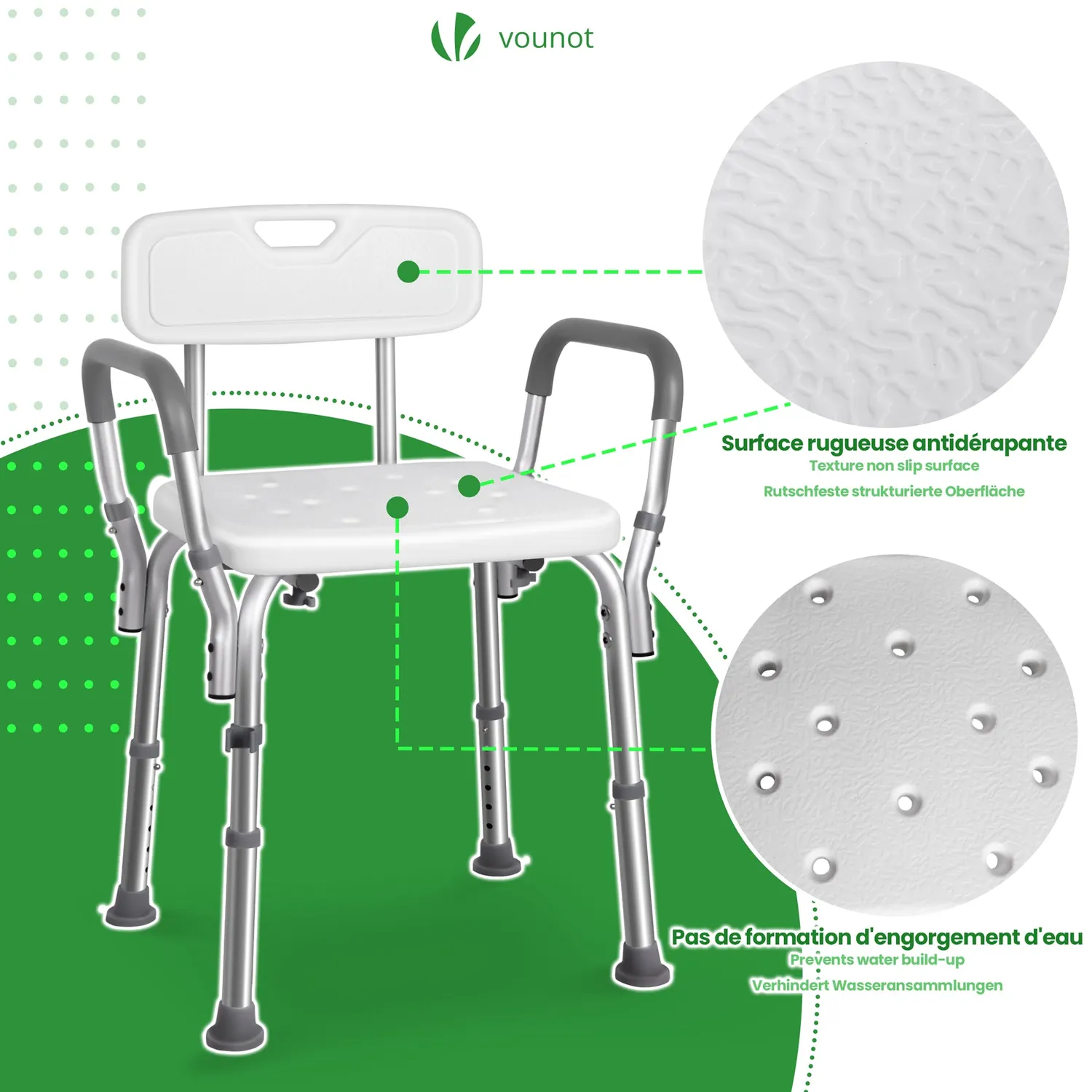 VOUNOT Sedia Doccia Alluminio Bianca con Braccioli antiscivolo
