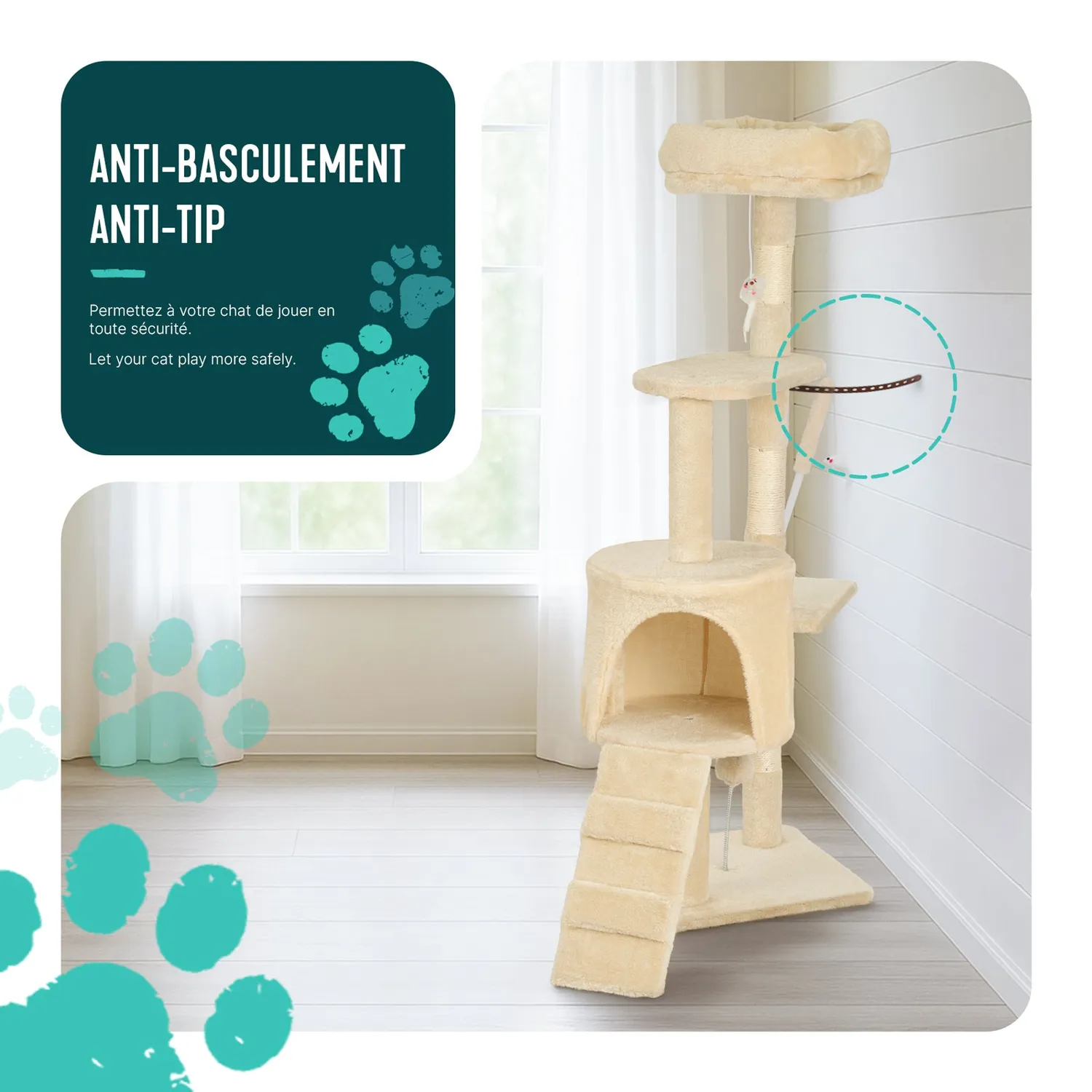 VOUNOT Albero Tiragraffi Gatto 112cm Beige 6 Livelli