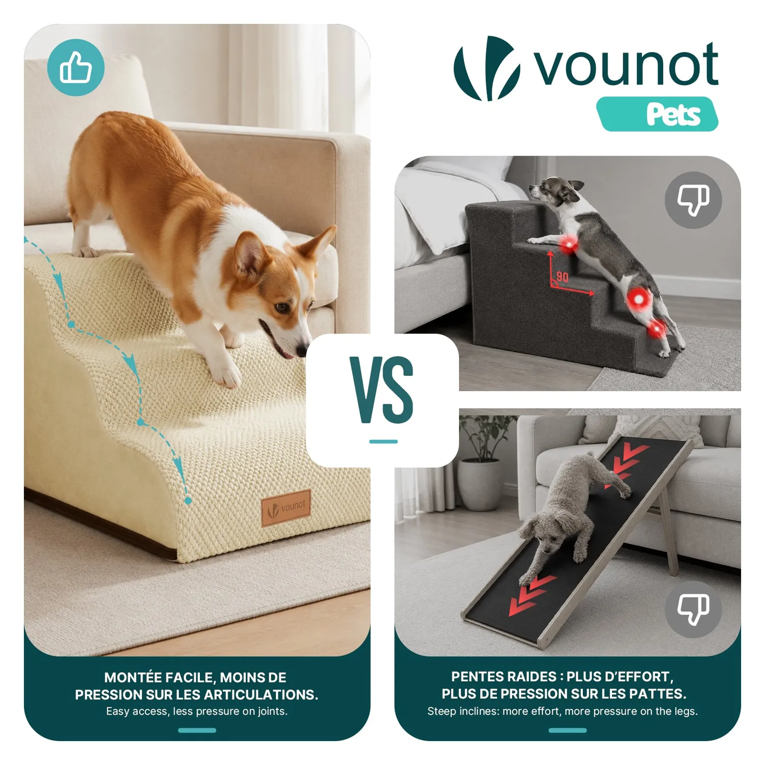 Vounot scala per cani e gatti 3 gradini beige 57x40x40 cm