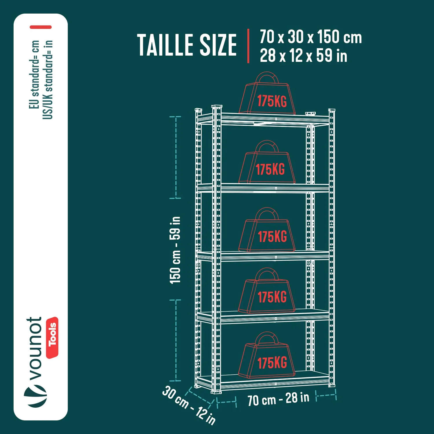 VOUNOT Scaffale 5 ripiani 70x30x150 cm metallo 175 kg