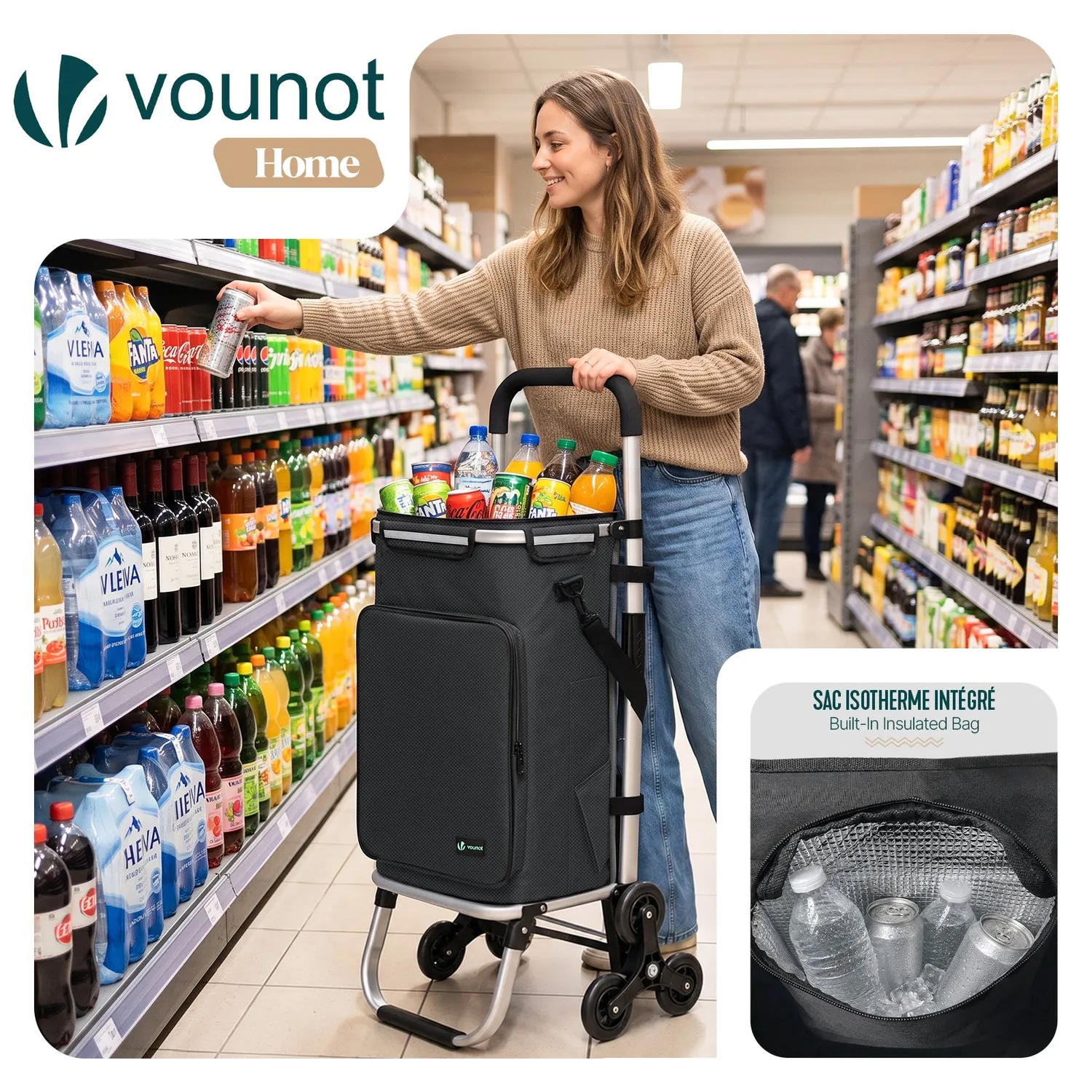 Vounot carrello spesa pieghevole 50L nero 40kg 6 ruote