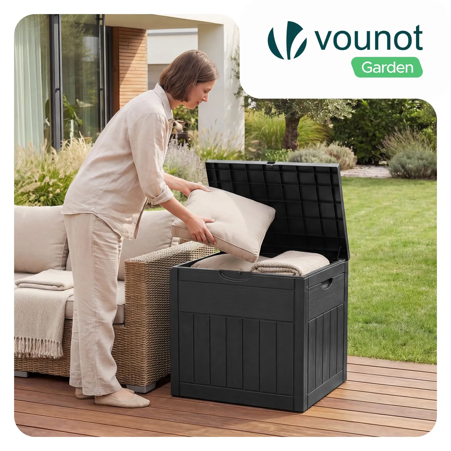 VOUNOT Baule cassapanca esterno rattan nero 126L 56cm
