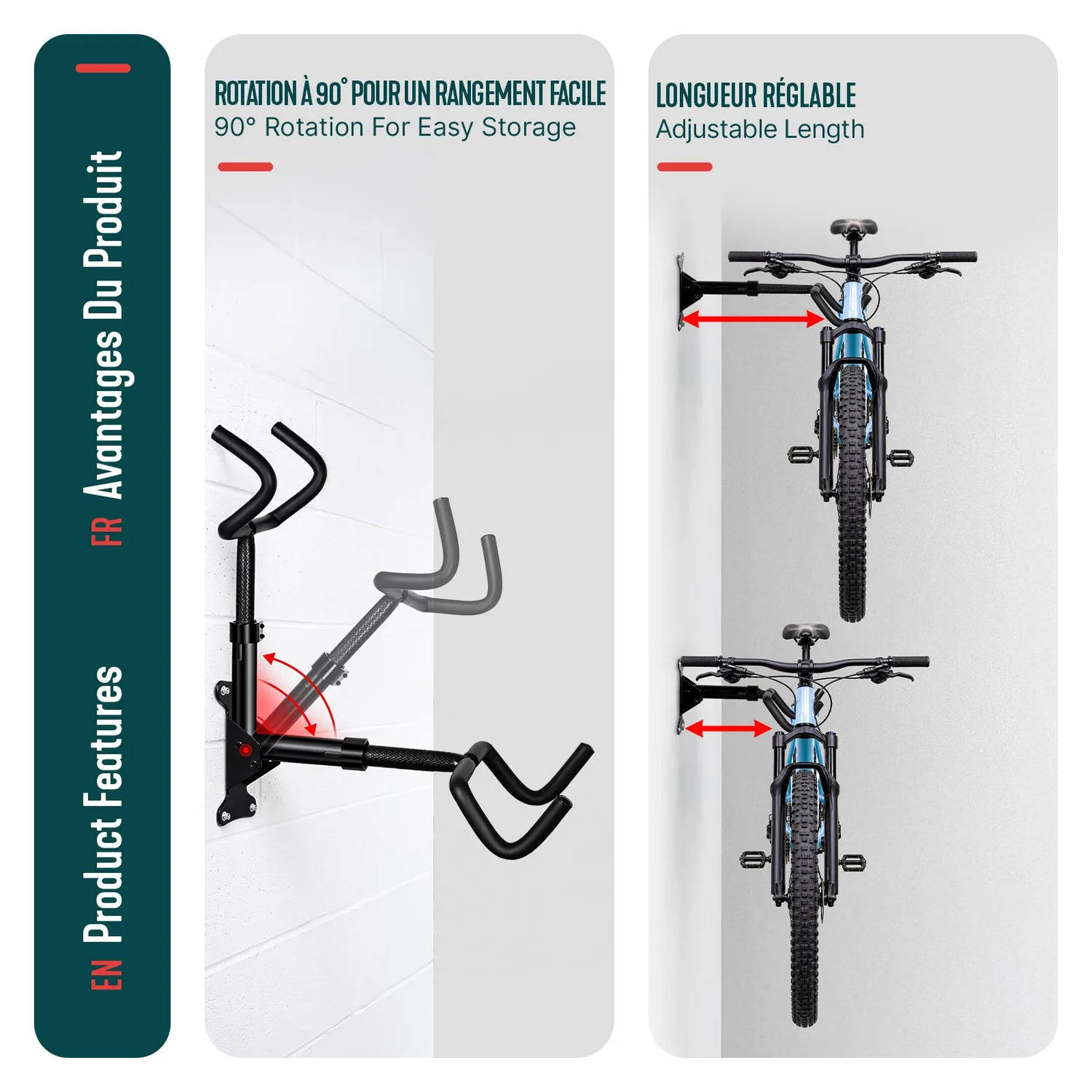VOUNOT Portabici da Muro Pieghevole Regolabile Nero 2 Pezzi