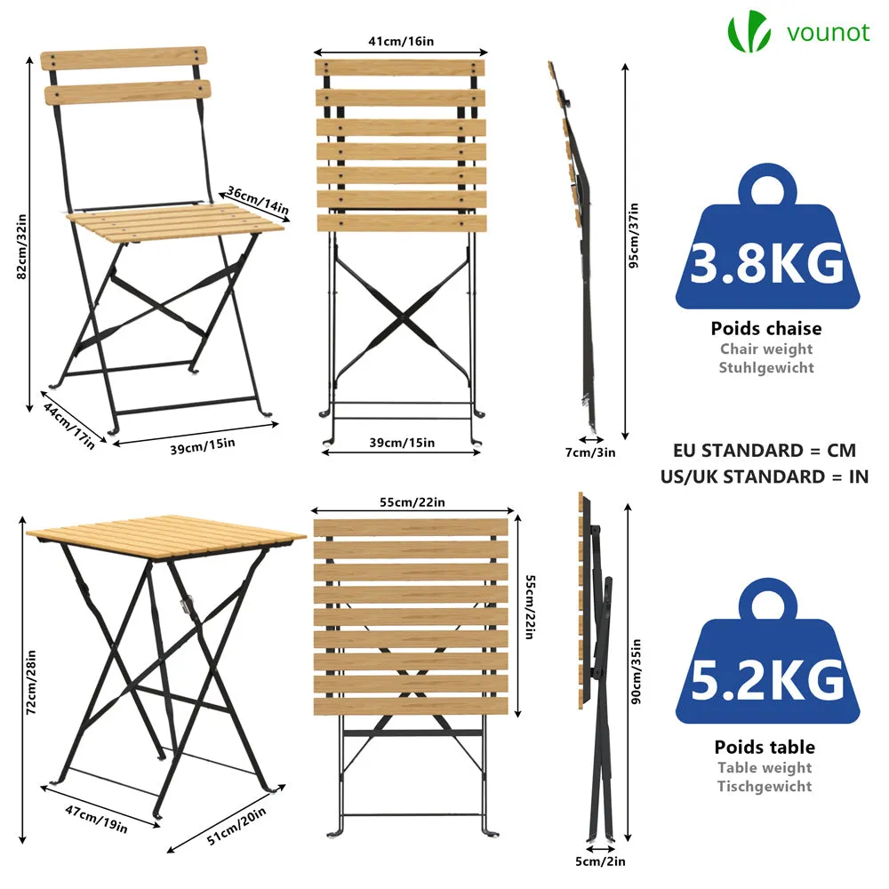 VOUNOT Set Bistrot Pieghevole Tavolo 2 Sedie Legno Esterno