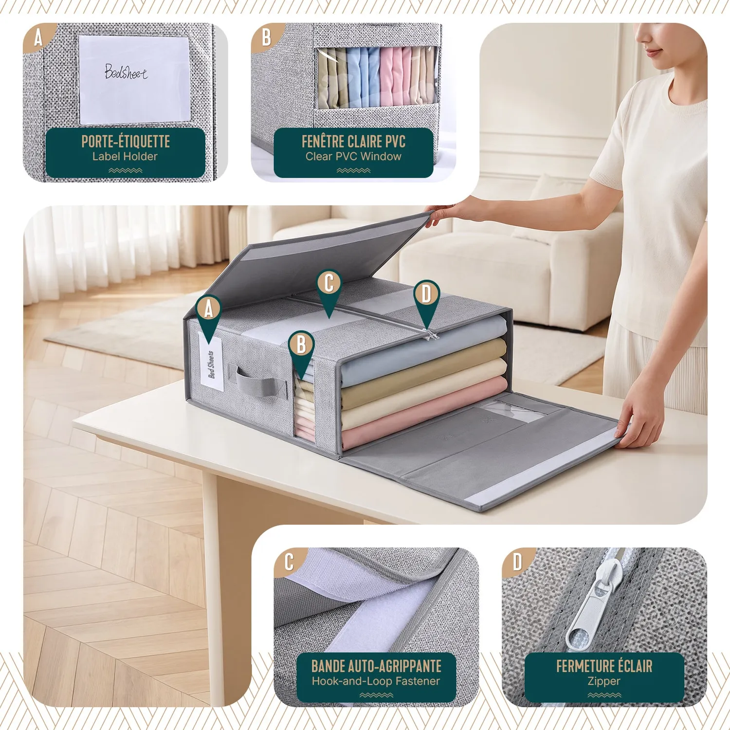 Vounot Organizer Biancheria Contenitore 6 Pezzi Grigio 38,5x33x12 Traspirante