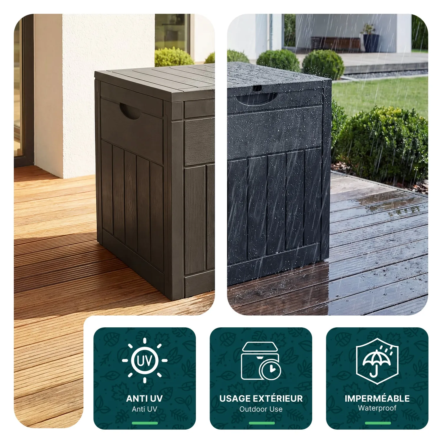 VOUNOT Baule Giardino Esterno 126L Nero Effetto Legno 56x43x53