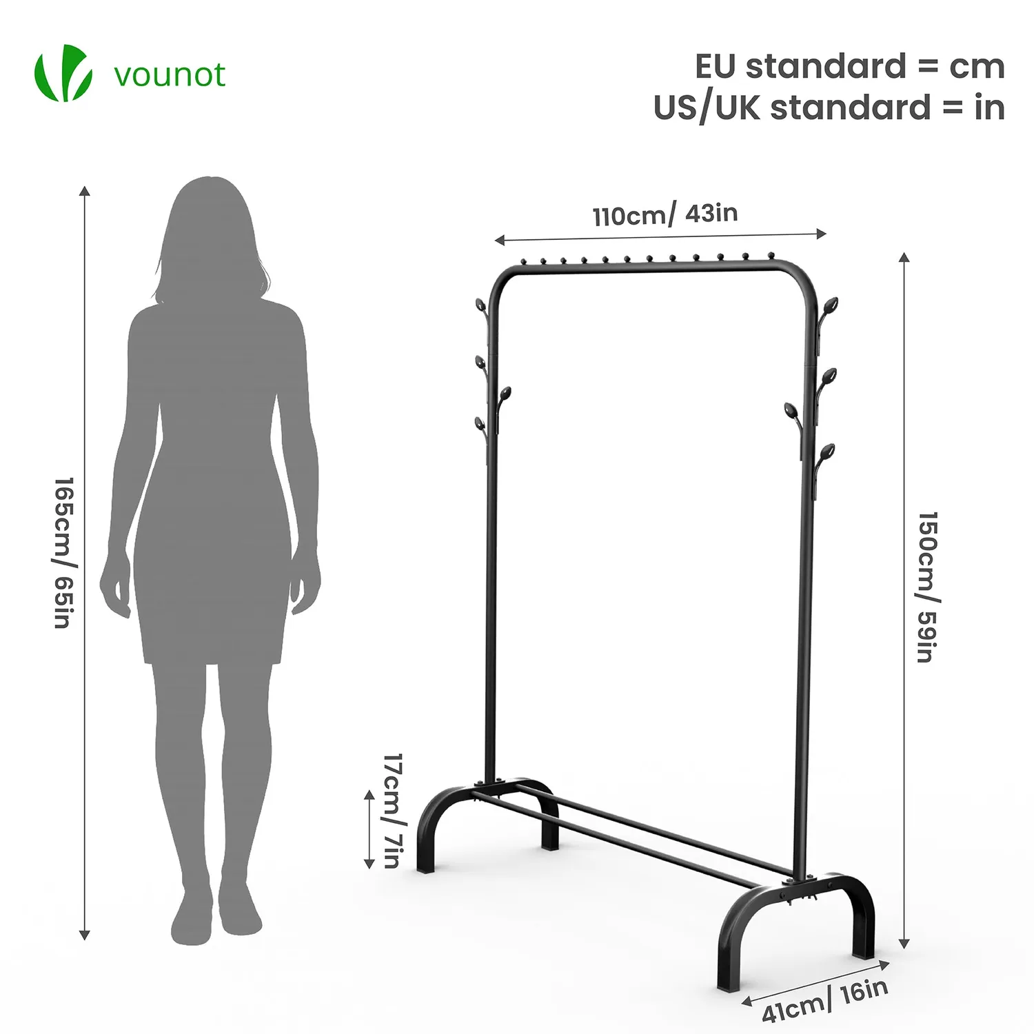 Vounot stender appendiabiti 110x41x150cm nero metallo