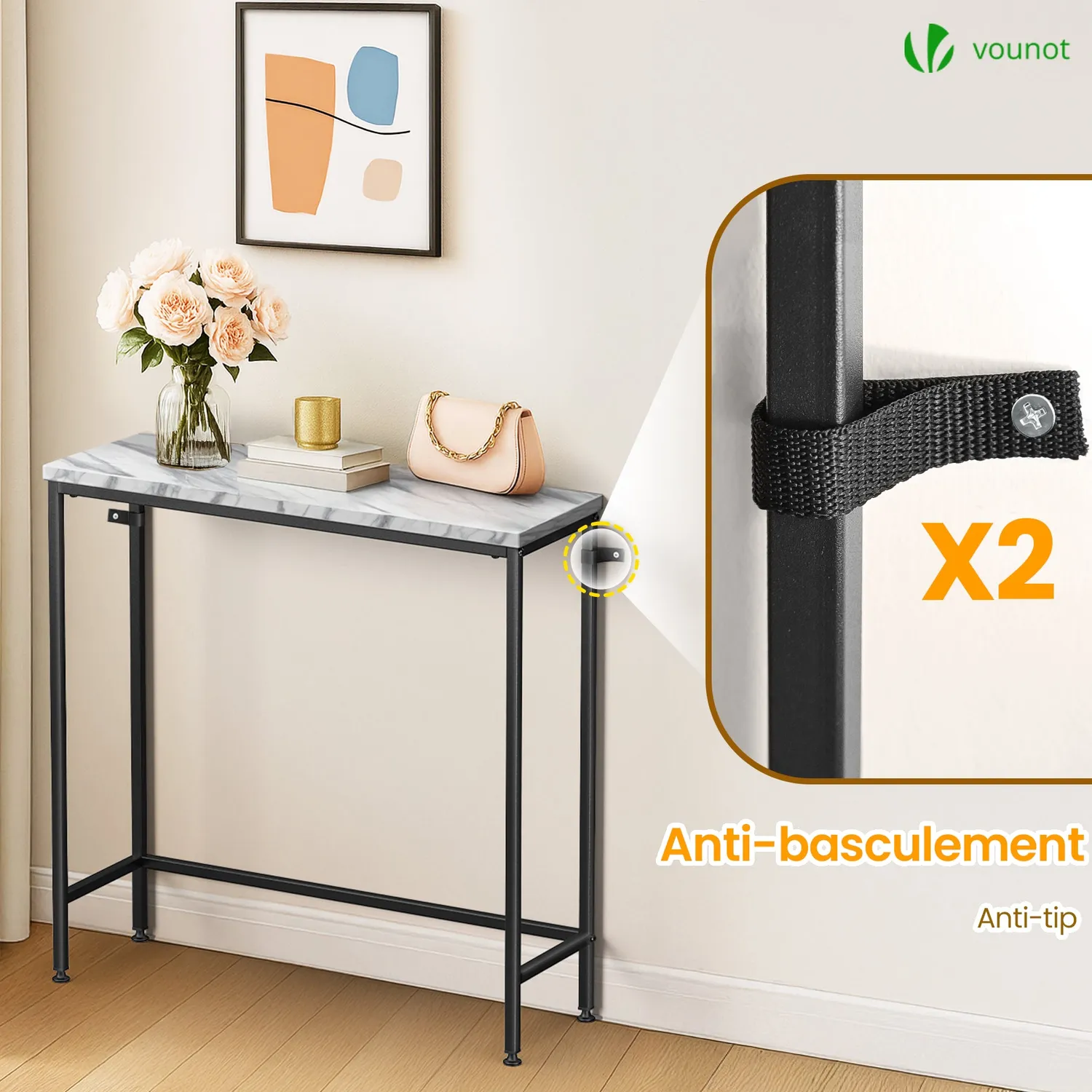 VOUNOT Consolle ingresso industriale 75x24 cm bianca metallo MDF