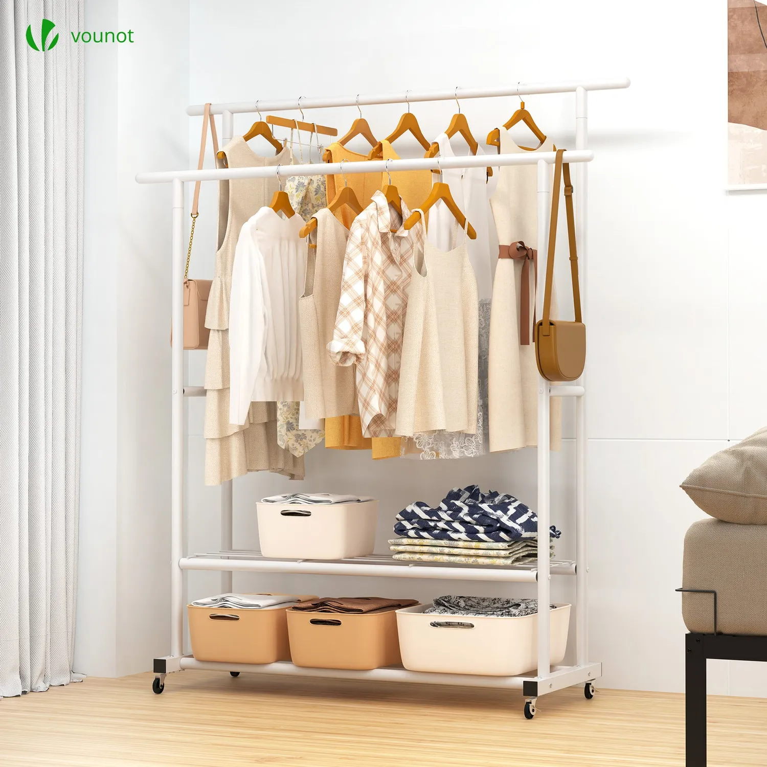 VOUNOT stender appendiabiti doppio 120x40x146 bianco ruote