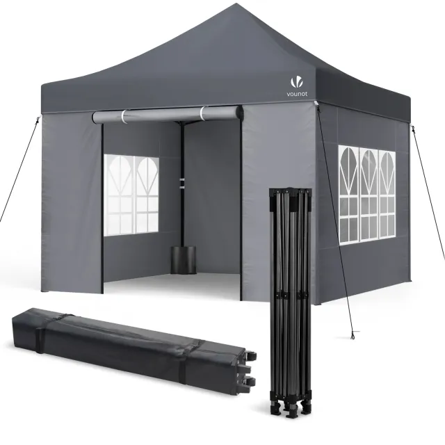 VOUNOT Gazebo Pieghevole 3x3 m con 4 Pareti Grigio Finestre