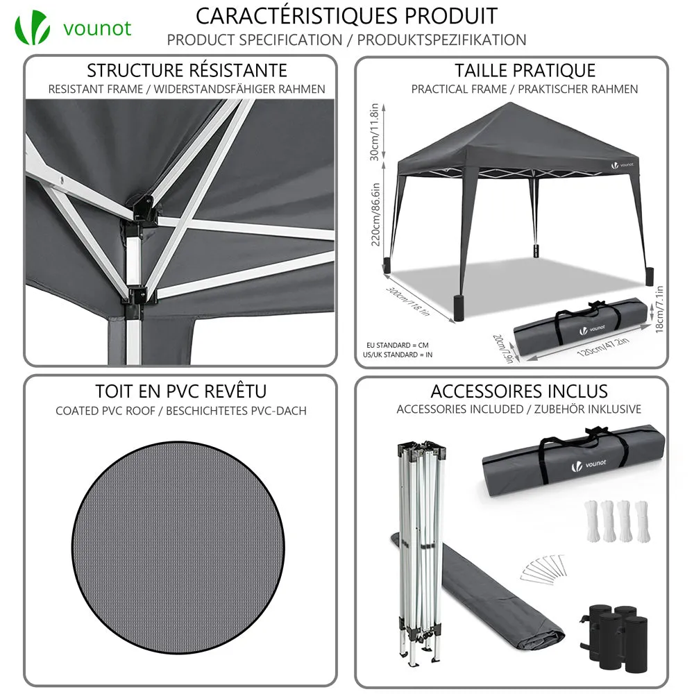 VOUNOT Gazebo Pieghevole 3x3m Grigio Impermeabile
