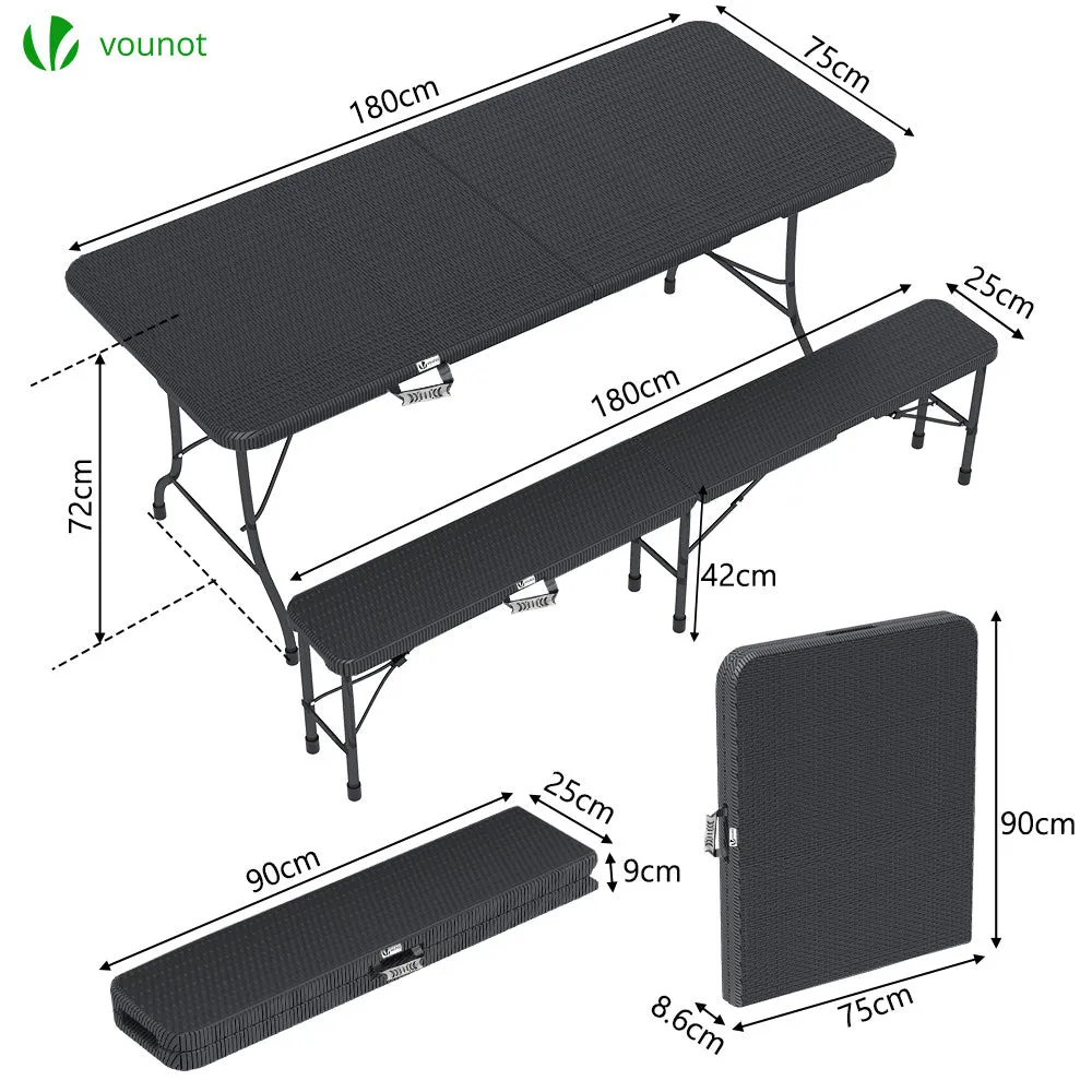 VOUNOT Set Tavolo + 2 Panche Pieghevoli 180 cm Nero HDPE