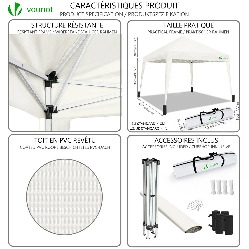 VOUNOT Gazebo Pieghevole 3x3m Bianco con Borsa