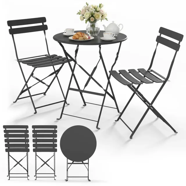 VOUNOT Set Bistrot Metallo Tavolo+2 Sedie Grigio Pieghevole