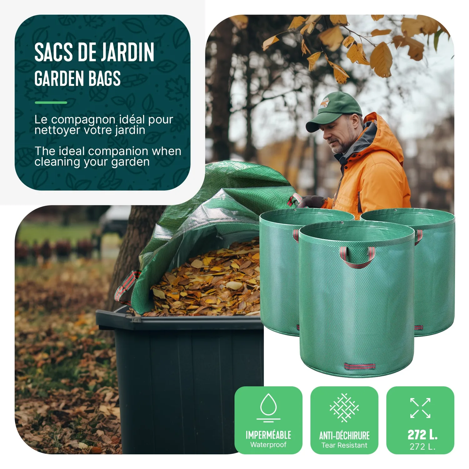 VOUNOT sacco giardino 272L set 3 pezzi XXL resistente