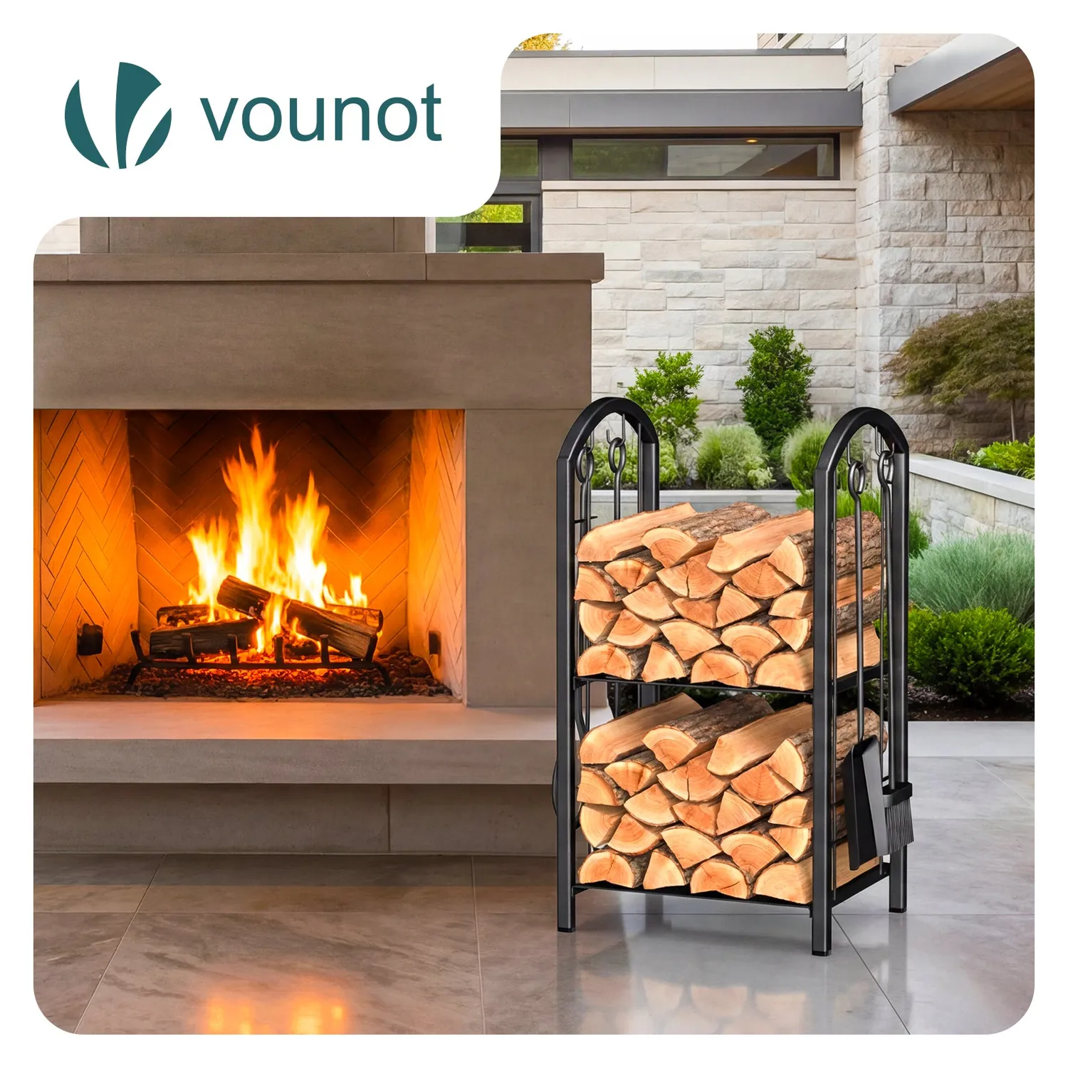Vounot portalegna nero 38x33x75 cm con 4 attrezzi camino