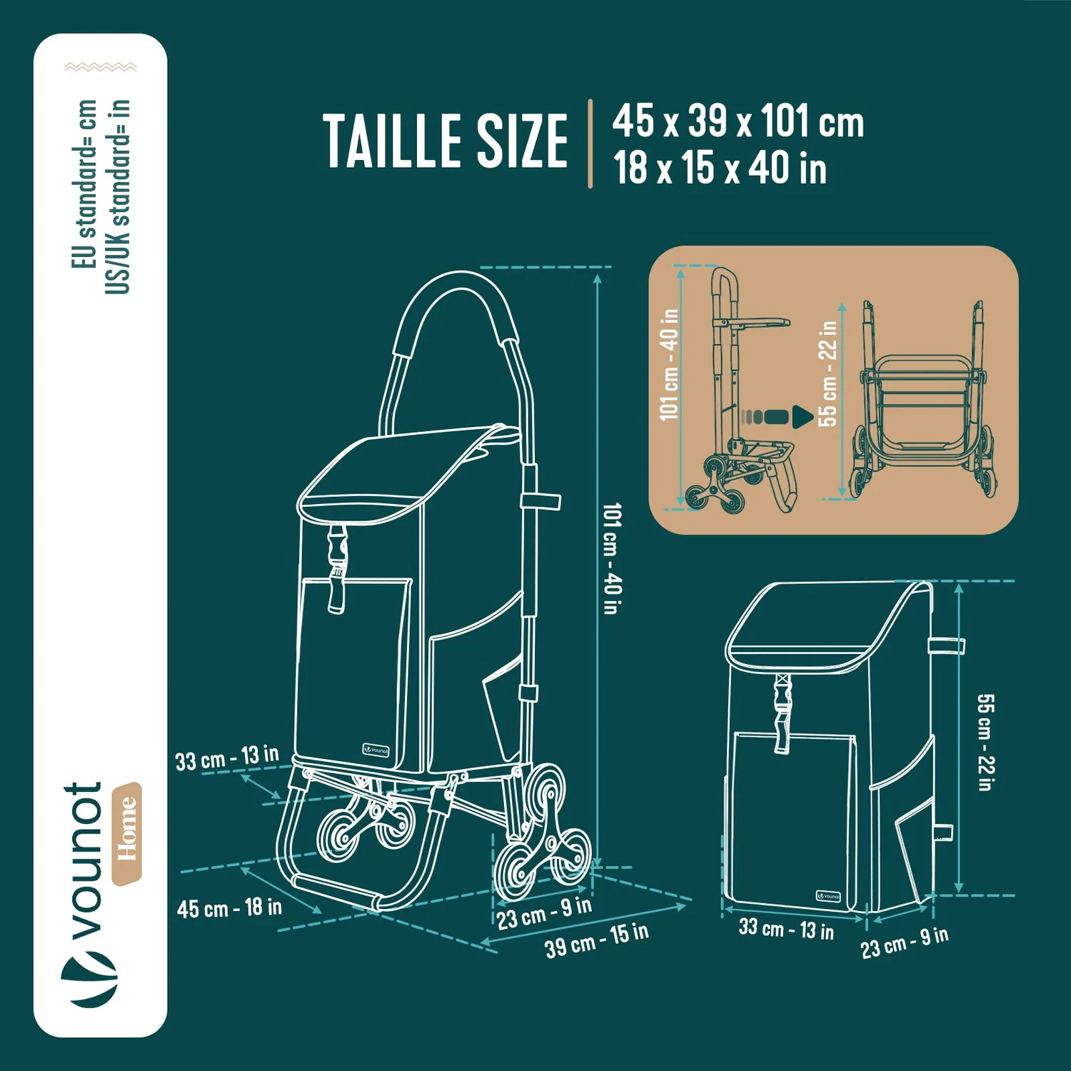 VOUNOT Carrello Spesa Pieghevole Grigio 45 L 40 kg