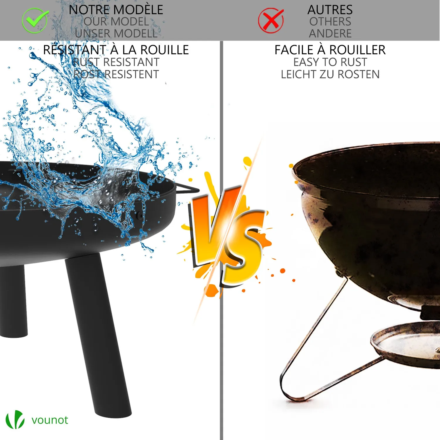 Vounot Braciere da Esterno Metallo Ø60 cm Griglia Nero 600°C