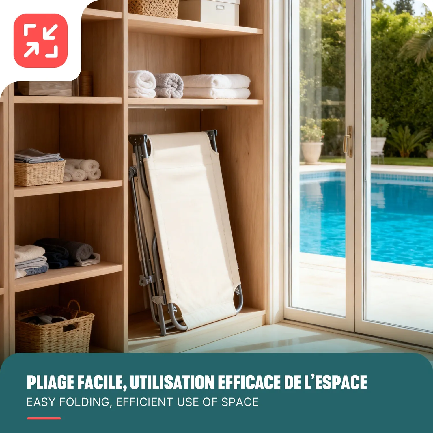 VOUNOT lettino prendisole beige 2 pezzi parasole orientabile