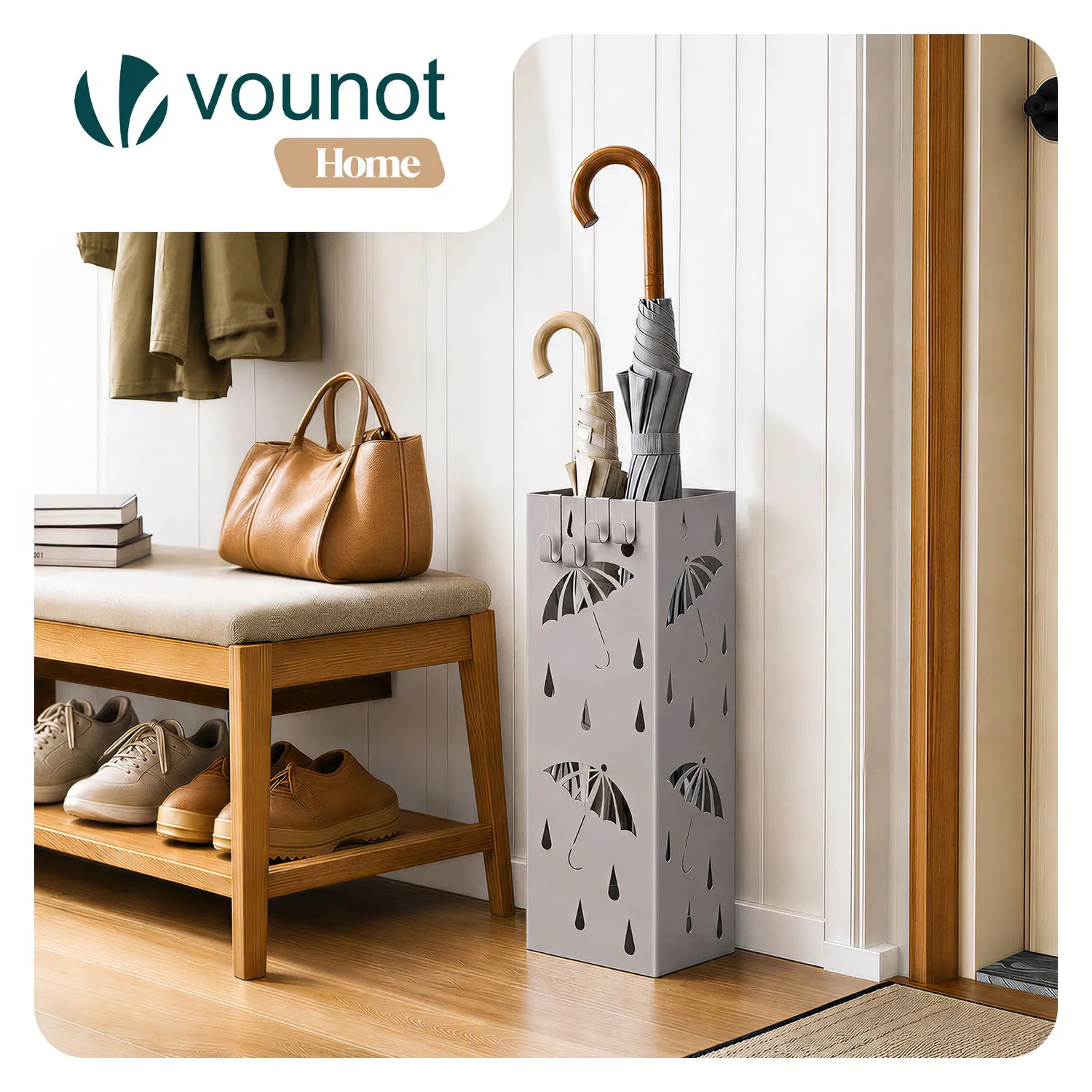 VOUNOT portaombrelli metallo beige con vaschetta 4 ganci