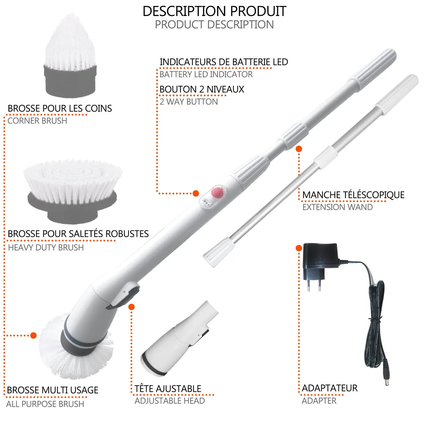 Vounot spazzola elettrica pulizia ricaricabile con manico 117cm