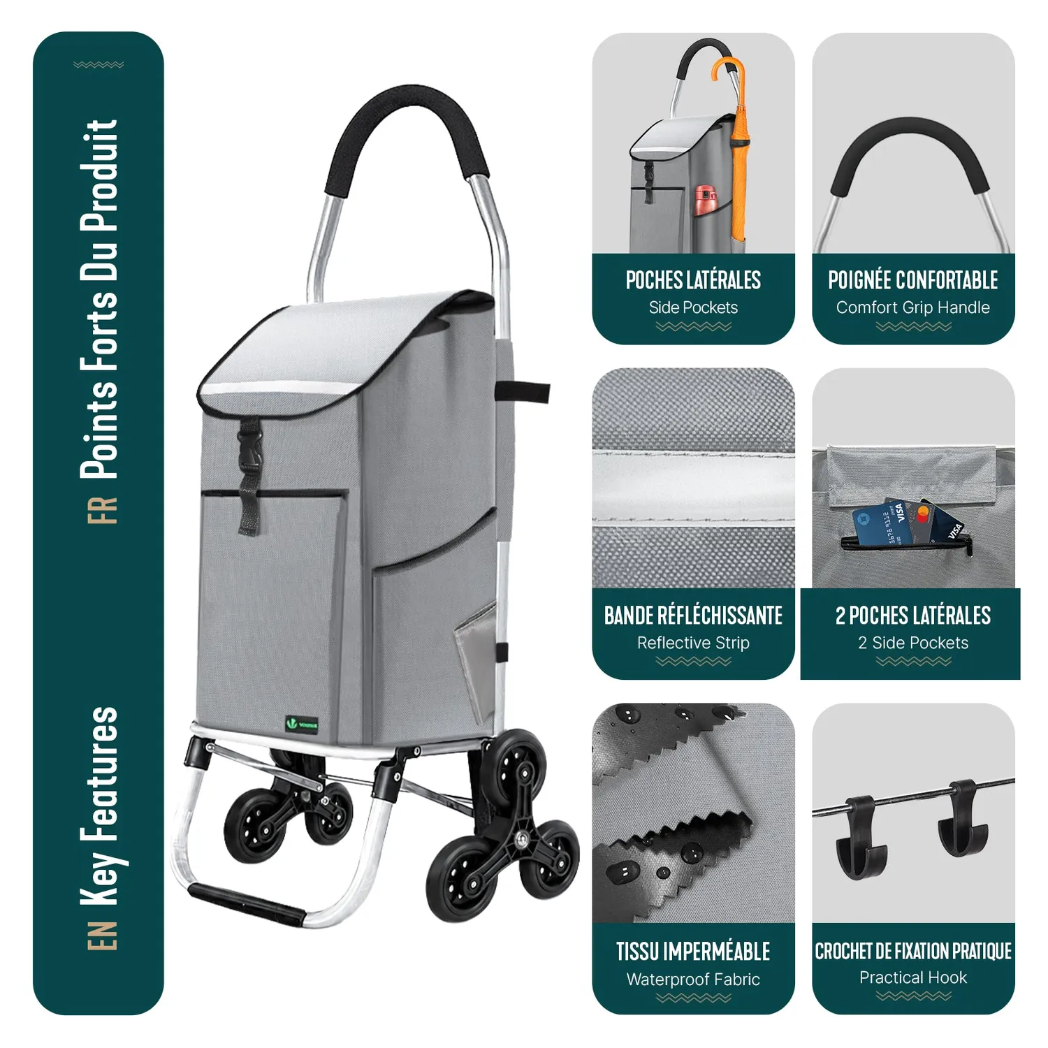 VOUNOT Carrello Spesa Pieghevole Grigio 45 L 40 kg